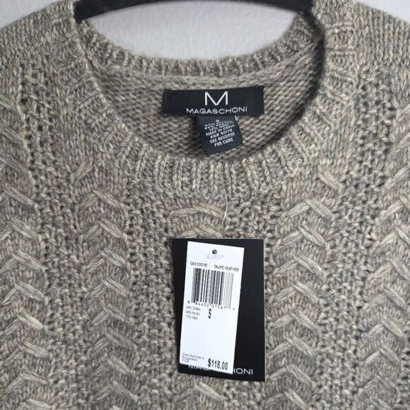 Magaschoni Taupe Heather chunky cable knit wool blend crew neck sweater mens S - Picture 3 of 4